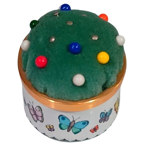 Halcyon Days Enamel 3 Pc Butterflies Sewing Needle Case Thimble Pin Cushion Set - Picture 11 of 15